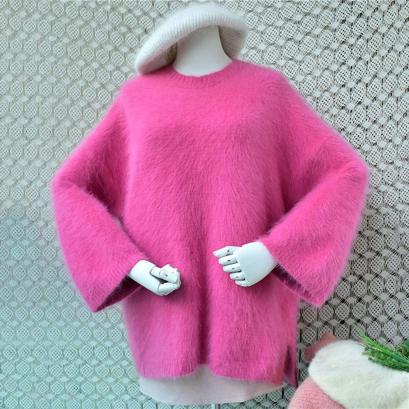 Women Mujer Fashion Sweet Pink Hairy Mink Cashmere Knitted O-Neck Long Flare Sleeves Loose Pullover Angora Fur Jumper Pull Tops