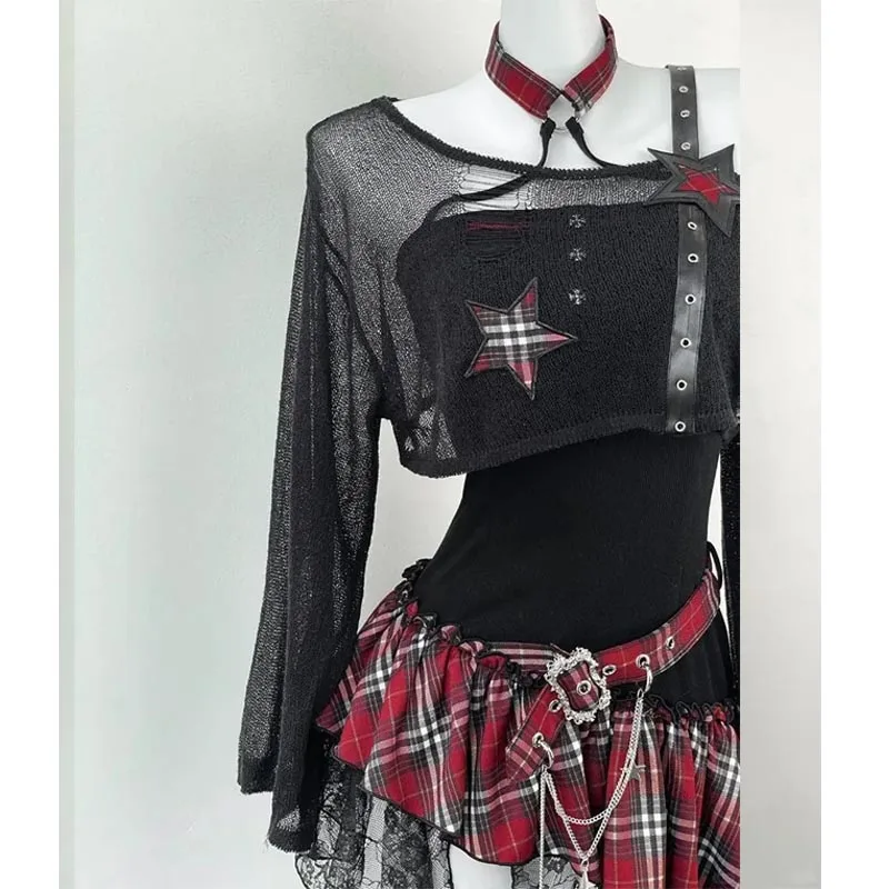 Harajuku خمر 2 قطعة مجموعة المرأة السوداء Y2k المحاصيل بلوزة + غير النظامية الدانتيل المرقعة فستان موضة ريترو الدعاوى ضئيلة القوطية