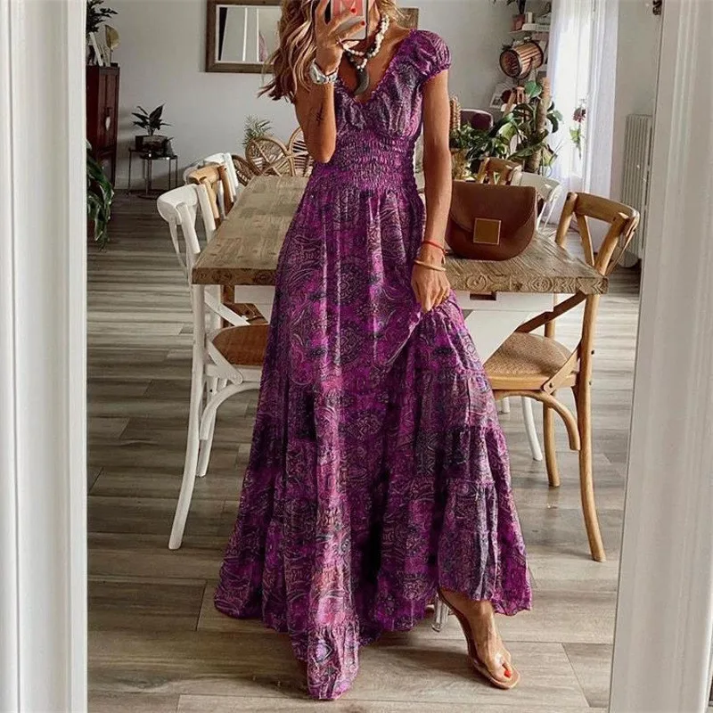 Boho Fashion Print Long Dresses For Women Summer Vintage V-neck Short Sleeve Elastic Waist A-line Big Swing Vacation Dress Robe