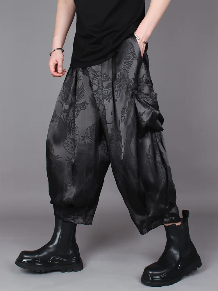 Black Loose Tapered Harem Pants Cropped Overalls Men's Summer Printed Drape Casual Wide-Leg Pants