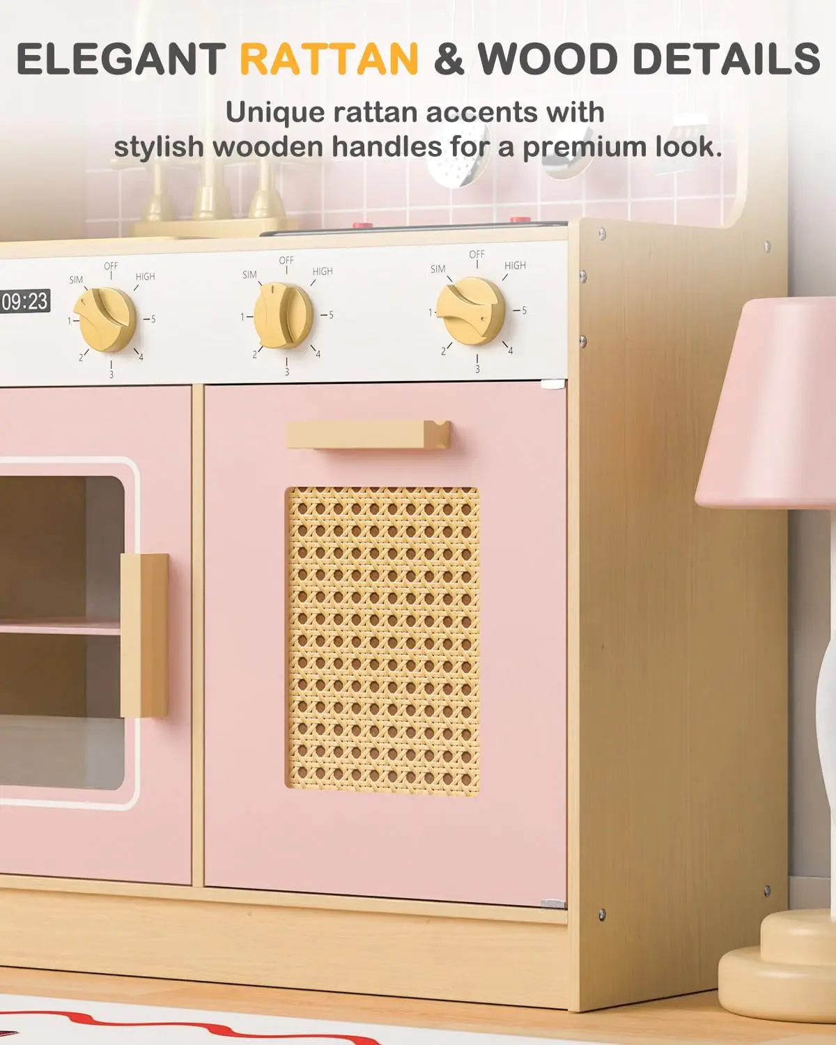 Playset de cozinha de madeira para crianças, Finja brincar cozinha com luzes e sons, Brinquedo estilo retro para crianças, rosa, 3 +, W