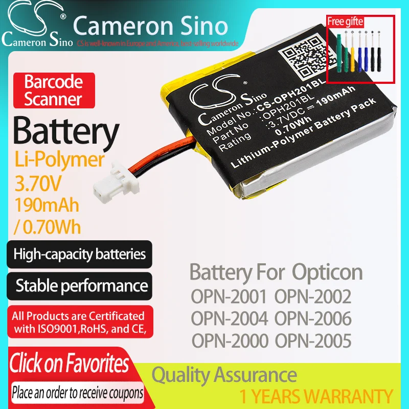 CameronSino Battery for Opticon OPN-2001 OPN-2002 OPN-2004 OPN-2006 OPN-2000 OPN-2005 Barcode Scanner battery 190mAh 3.70V Black