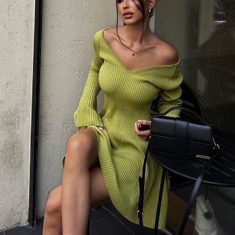 Talenza Knitted Off Shoulder V Neck Mini Dress Women\'s Sexy High Waist Long Sleeve Dress White Knitted Sweater Dress Robe Women