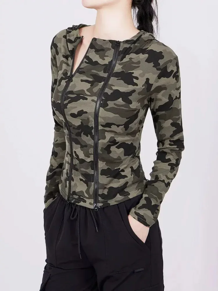 

Американский винтажный топ с капюшоном, осень-зима, тонкий кардиган на молнии, пальто, женские Y2k Harajuku, готические винтажные камуфляжные куртки