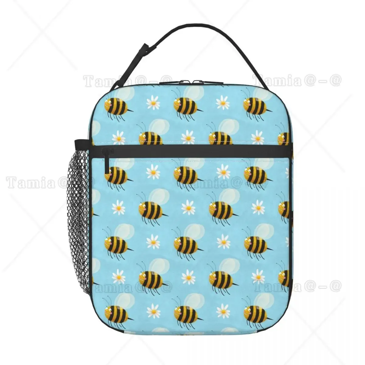 Cartoon Bee And Daisy In Blue Background Insulated Lunch Bag for Women Children Portable Food Boxes Thermal Lunch Box Tote