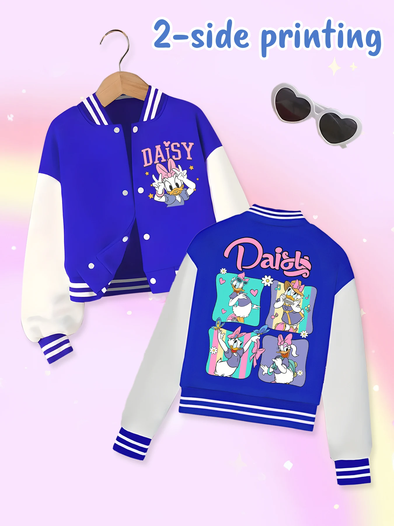 Disney fashion trend baseball jacket, suitable for daily sports and casual wear, printed with cute Daisy pattern, nice gift.