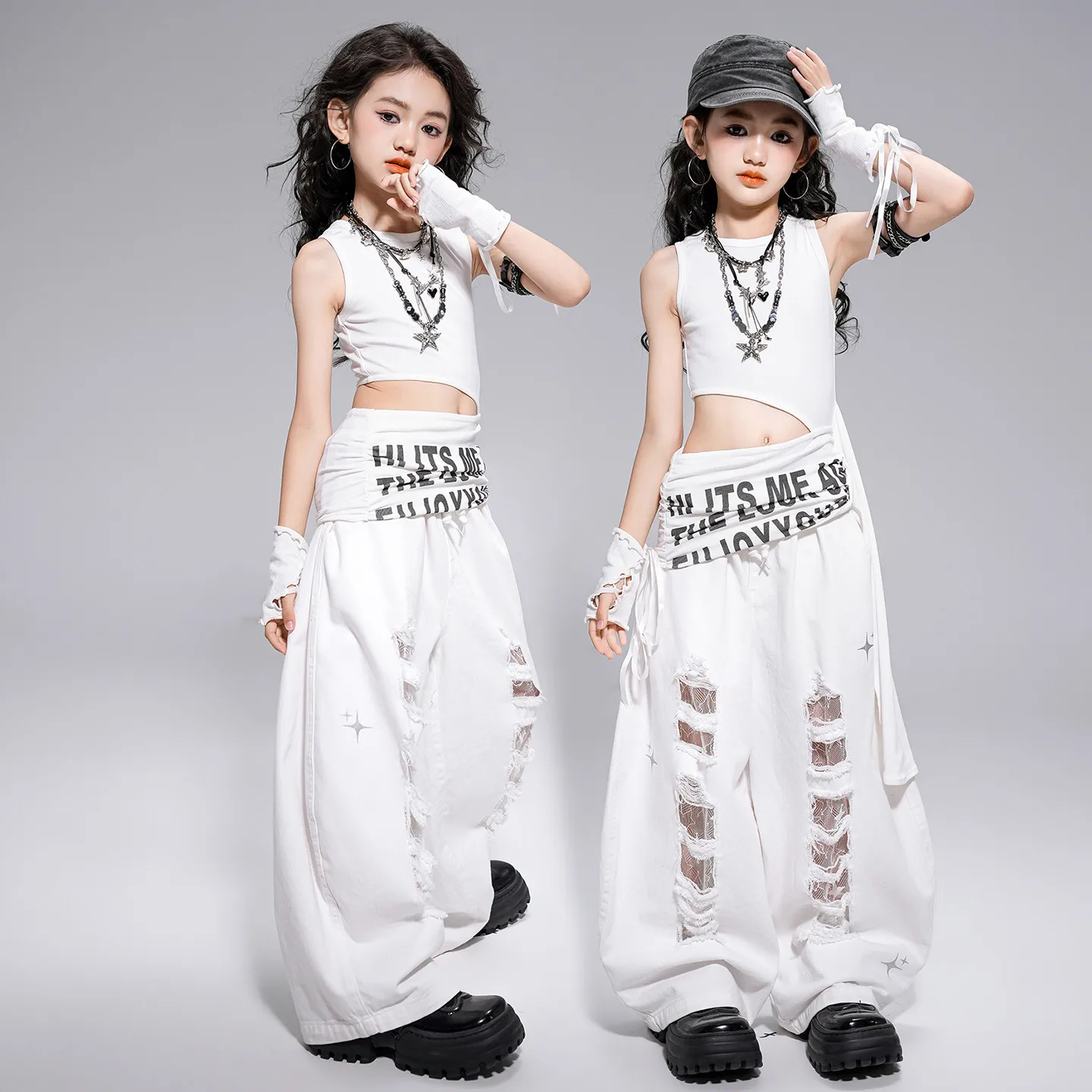 

Kid Kpop Hip Hop Clothing White Side Cut out Tank Top Casual Distressed Ripped Pants for Girls Jazz Dance Wear Costumes Clothes