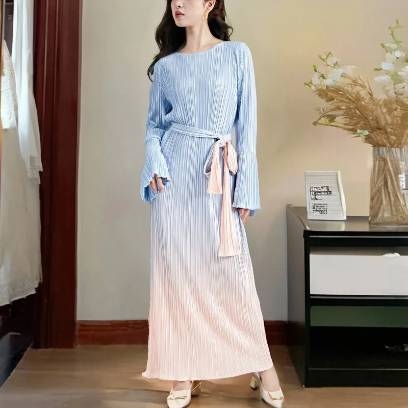 SMVP 여성용 원피스 라운드넥 플레어 슬리브, 그라데이션 컬러, 레이스업 디자인, 루즈한 대형 마당, 캐주얼 이브닝 파티 드레스, 패션