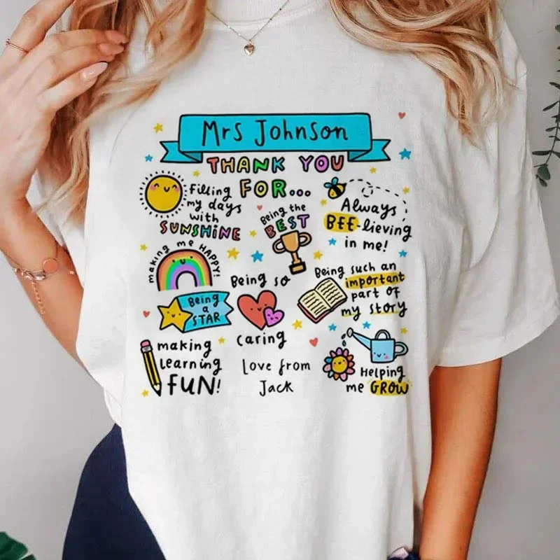 Personalized Teacher Thank You Message End of School Printed T-Shirt Summer Short Sleeved Top Watercolor Trendy Pattern T-Shirt