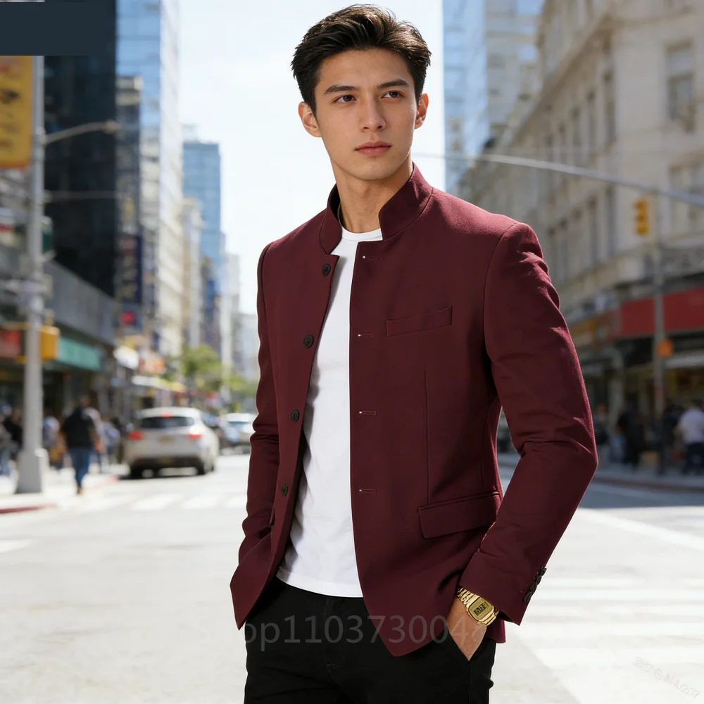

Men's High-Quality Solid Color Blazer Fashion Stand-up Collar Single Button Casual Slim Fit Suit Jacket for Men