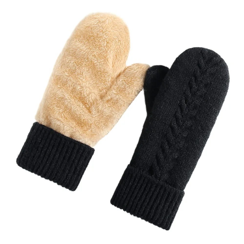 Fashion Double Layer Thickened Knitted Gloves Solid Color Soft Winter Gloves Interior All Fingers Gloves Outdoor Use