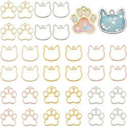 32pcs 2 Styles Dog Paw Open Bezel Pendants Alloy Open Bezels for Resin Cat Head Open Back Bezel Footprint Hollow Frame with Loop
