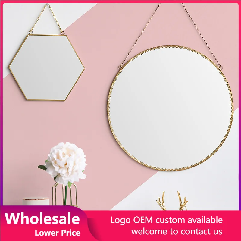 

Decorative Mirrors Makeup Wall Hanging Mirror Hexagonal Round Golden Brass Nordic Style Home Bedroom Bathroom Decor