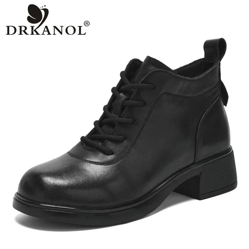 

DRKANOL/женские ботильоны, осенне-зимняя плюшевая теплая обувь с круглым носком, черные качественные повседневные короткие ботинки из воловьей кожи на толстом каблуке