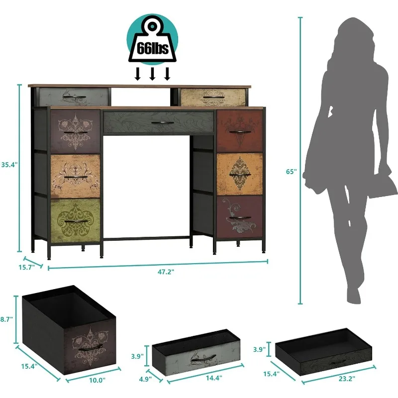 Dresser for Bedroom with 9 Drawers & 2 Open Shelves, Fabric Storage Dresser, Chest of Drawers, Long Dresser