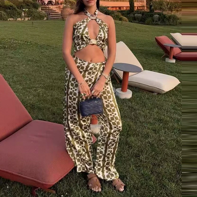 

Casual Festival Hollow Playsuits Green Printed Off Shoulder Women Jumpsuit Summer New 2026 Hanging Neck High Waist Beach Romper