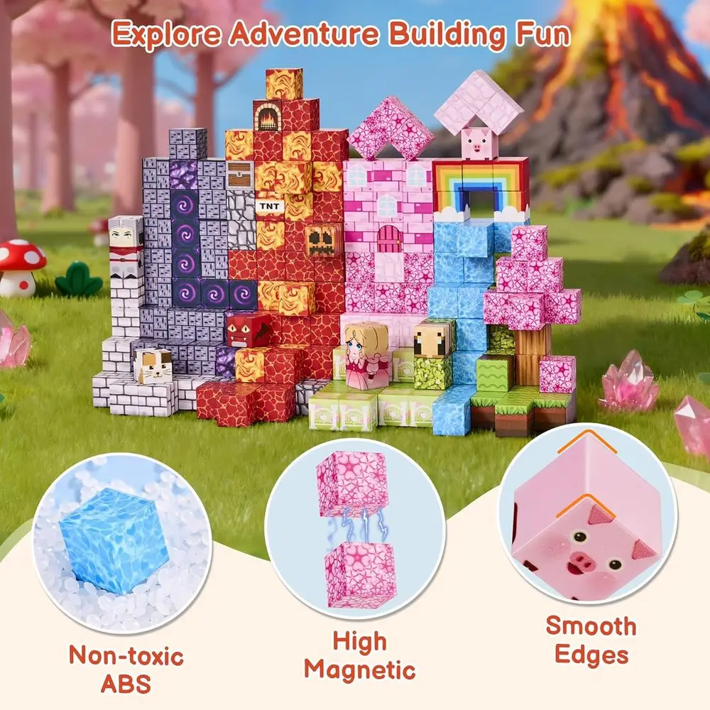 Blocos de construção de haste magnética rosa floresta de 200 peças para crianças de 3 a 12 anos, ideais para crianças e presentes de aniversário