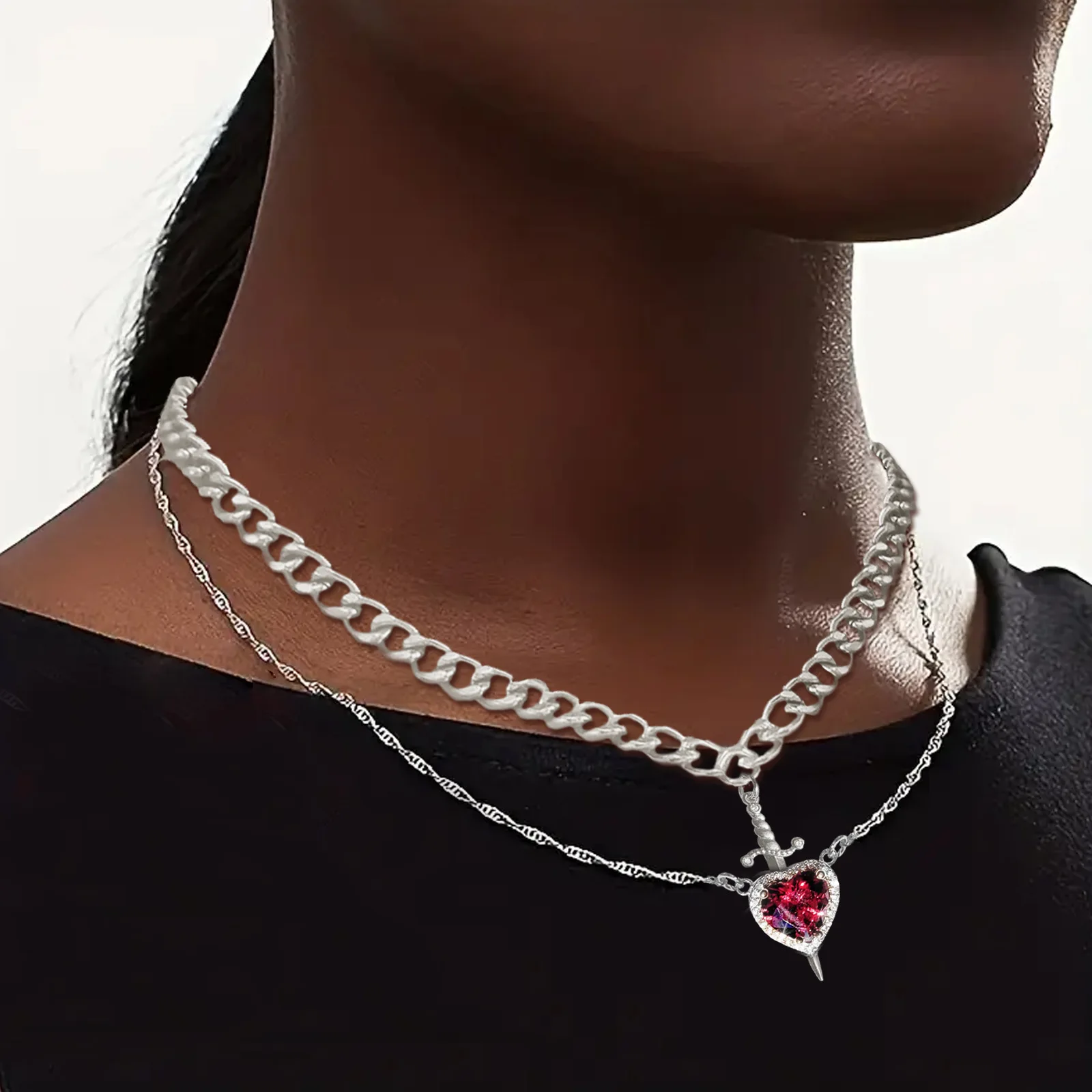 Heart and Sword Necklace Set of Red Crystal Dagger Fashionable Pendant Layered French Retro Couple Necklaces for Women Men