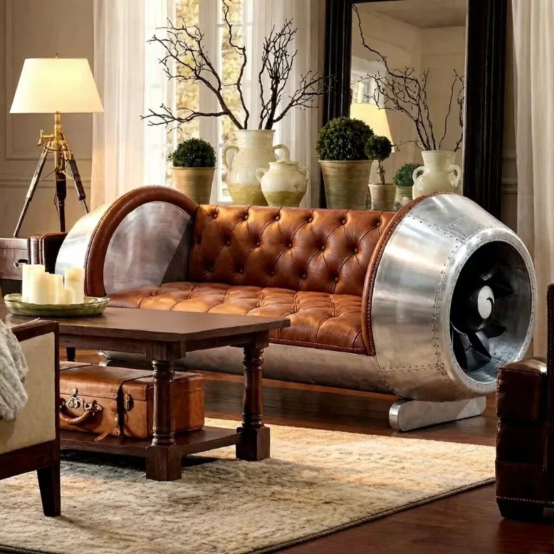Modern luxury aluminum aviation style living room sofa, leather industrial retro double seat sofa