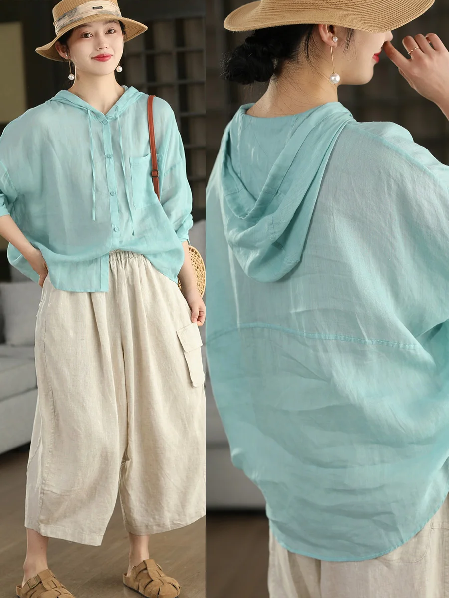 

Ретро-кардиган Yuyuan: красивая женская тонкая рубашка-куртка из 100% льна с капюшоном, на двух пуговицах, солнцезащитный топ на лето