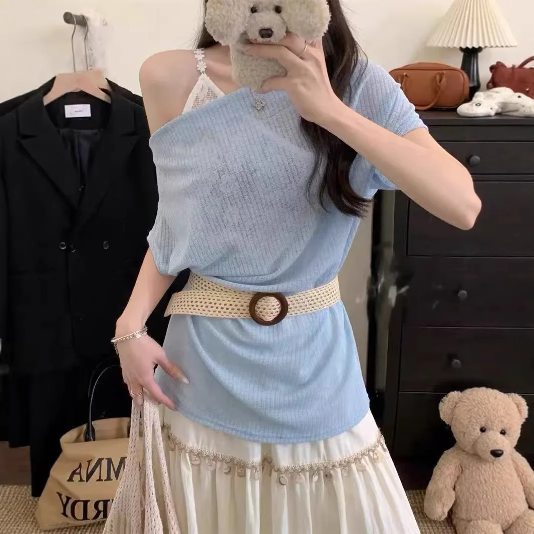 Soft Gentle Wind Bell Sleeve Short Knitwear Women's Summer New Design Sensual Shoulder Bared Thin Layering Beautiful Top