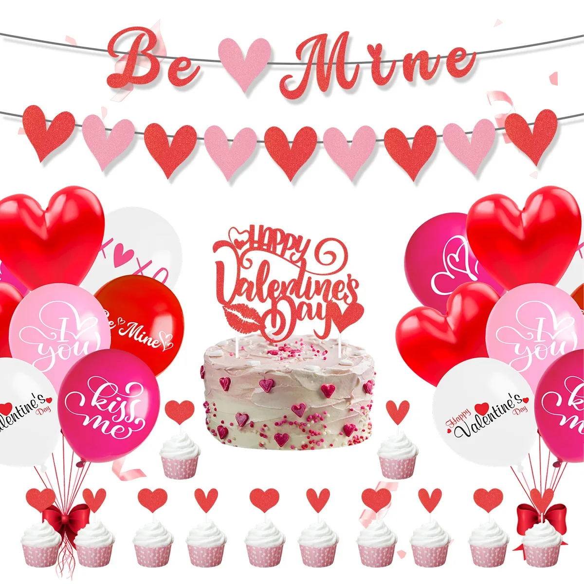 Romantic Valentine's Day Theme Party Balloon Be Mine Banner Red Heart Cake Topper for Wedding Anniversary Party Decoration