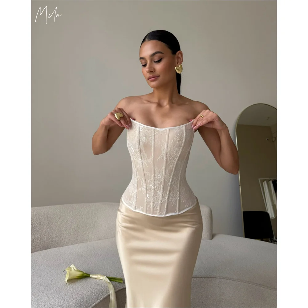 

Мила, бежевый кружевной корсет, платья для выпускного вечера, шелковые платья без бретелек без рукавов, индивидуальные вечерние платья длиной до пола, платья de fiesta 2025