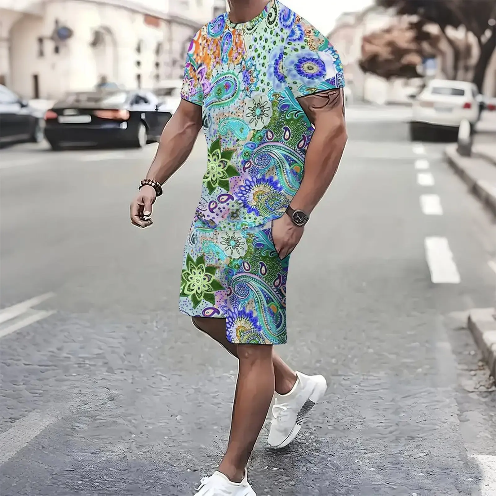 Men Printed Outfit Short Sleeve T shirt And Shorts 2 Piece Casual Tracksuit Set