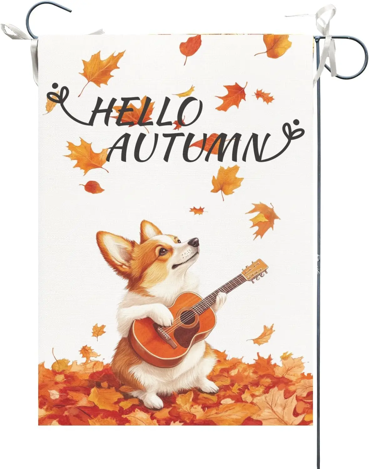 Hello Autumn Corgi Playing Guitar Garden Flag Welcome Garden Flag 12x18 Inch Double Sided, Fall Maple leaf Dog Yard Flags fo LLE