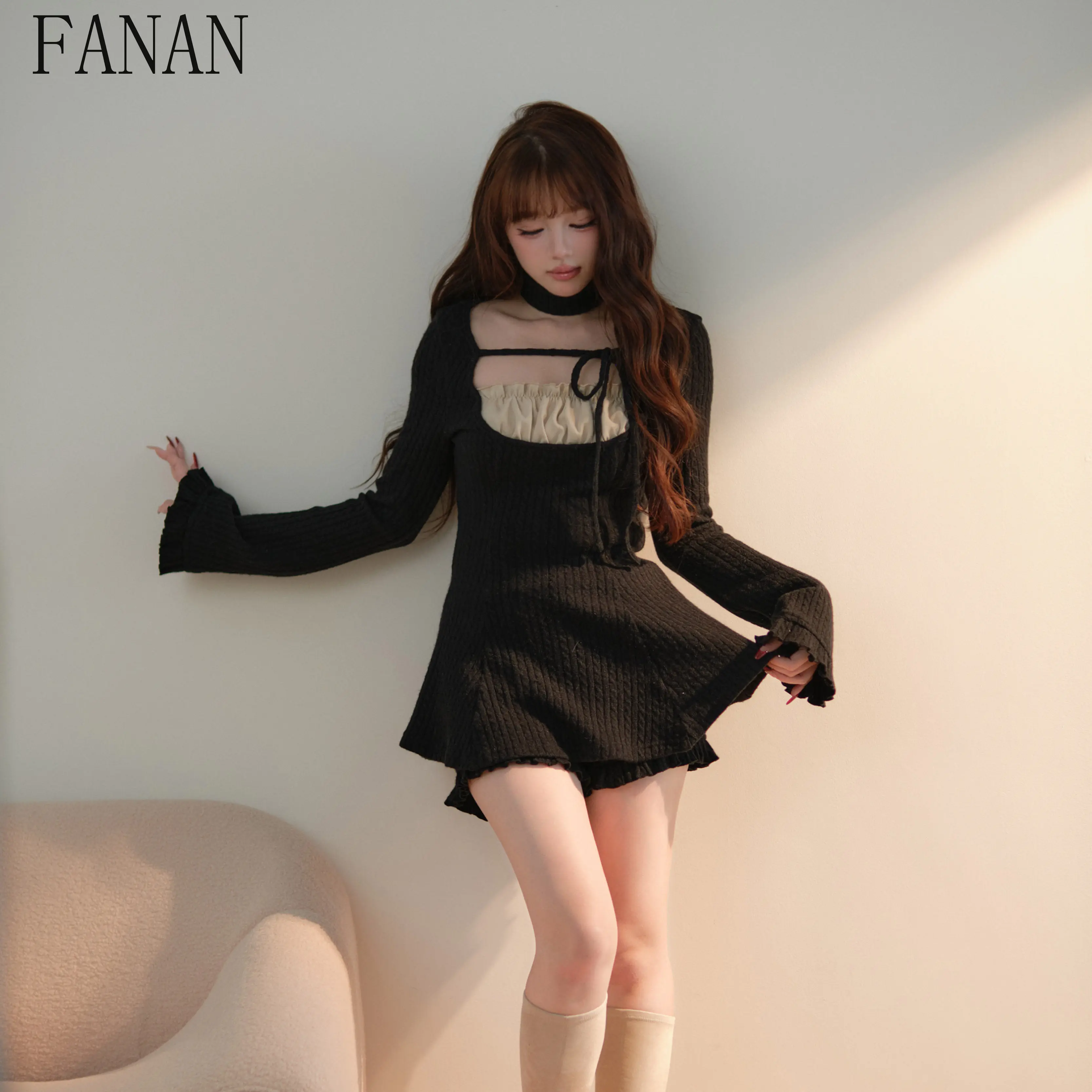 Japanese Style Ribbed Knitted Dress and Shorts Set Fashion Two-Piece Sets for Women Mass-Produced Casual Suit Spring Autumn