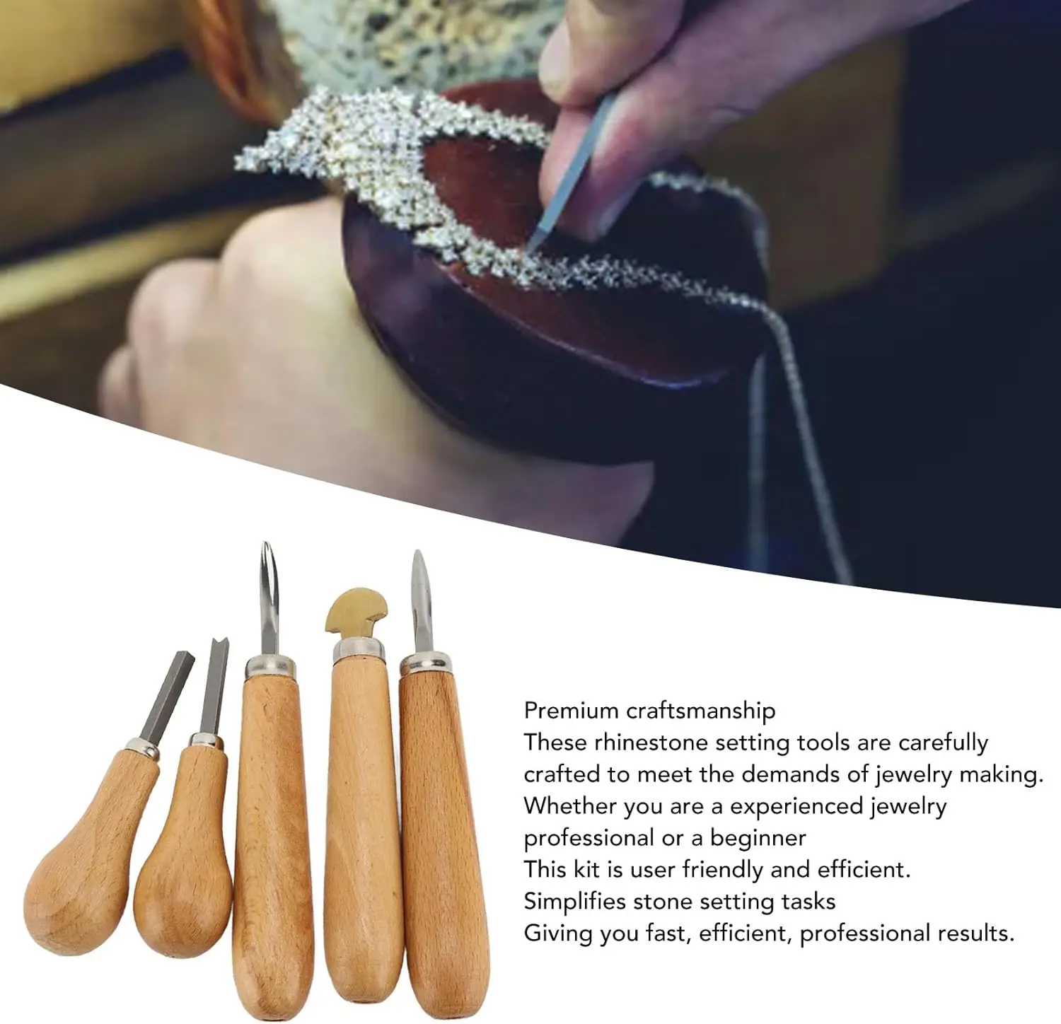 

Набор из 5 профессиональных инструментов для закрепки камней с эргономичными деревянными ручками, толкателем для бриллиантов и регулятором оправы, для инкрустации драгоценными камнями