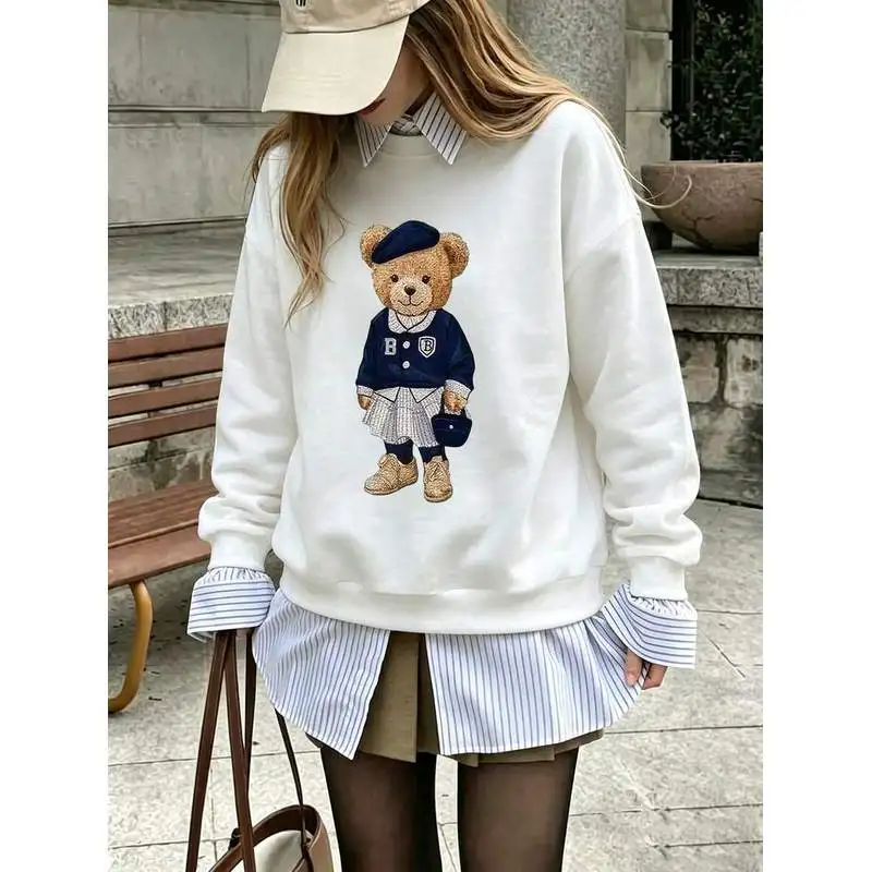 Cute College Style Bear Graphic Pullover Sweatshirt, Long Sleeve Ribbed Crew Neck Knit Fabric, Casual White