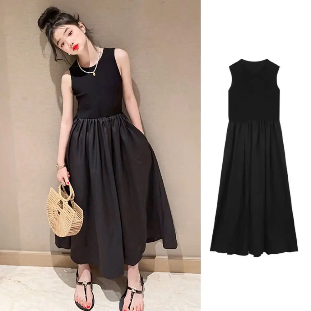 Casual Sleeveless Girl Princess Dress Loose Elegant Teens Party Dress Sweet Children Black Dress Kids