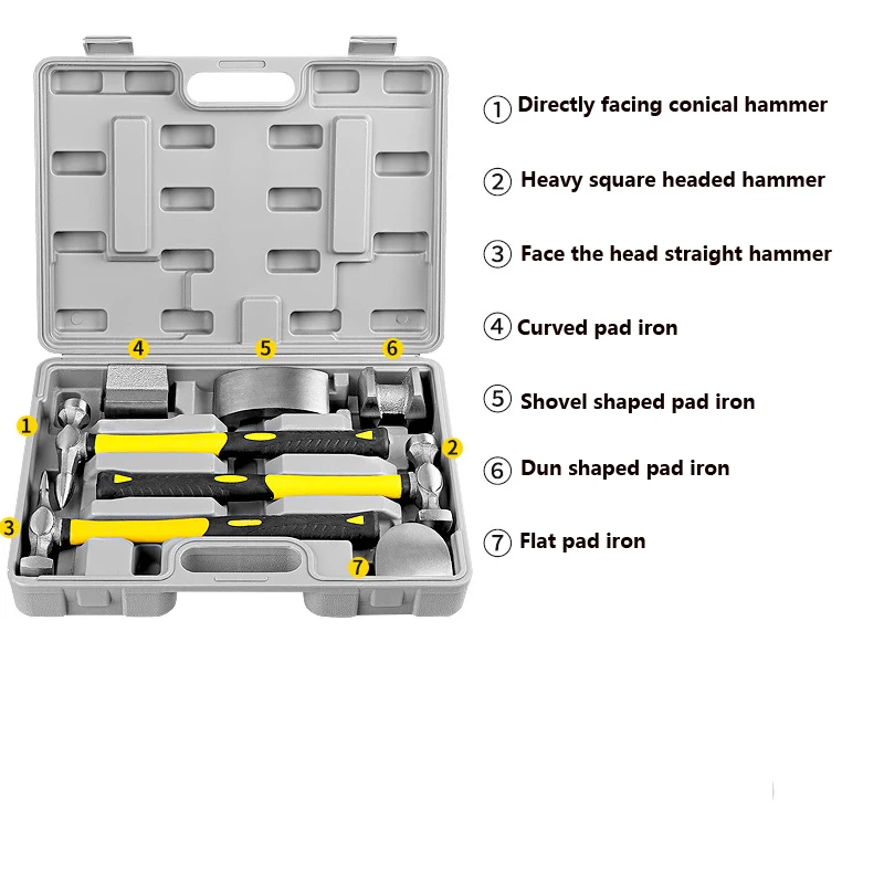 7PCS Sheet Metal Hammer Pad Iron  Auto Body Dent Car  Repair Tool Set Panel Beater Sheet Beating Hammers Kit Hand Tools