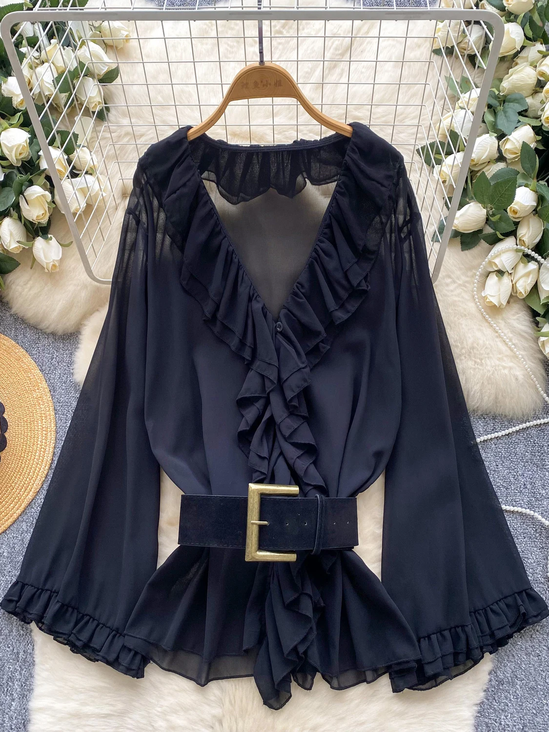 

Faionable European Sle Women's irt V-Ne Bell Sve Waist-Cinching Patchwork Design Commute Sle Polyester Fiber