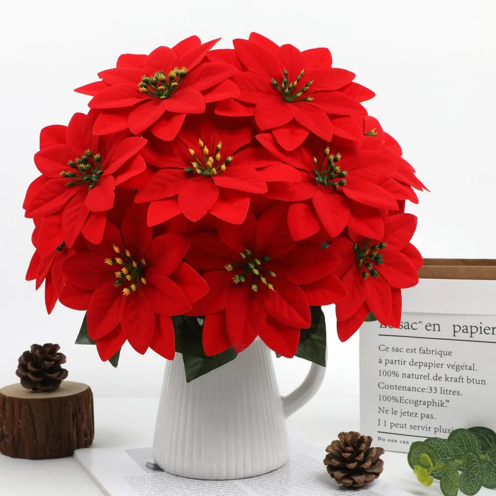1 قطعة باقة البونسيتة الحمراء الاصطناعية شجرة عيد الميلاد واقعية وديكور المنزل زينة عيد الميلاد #6