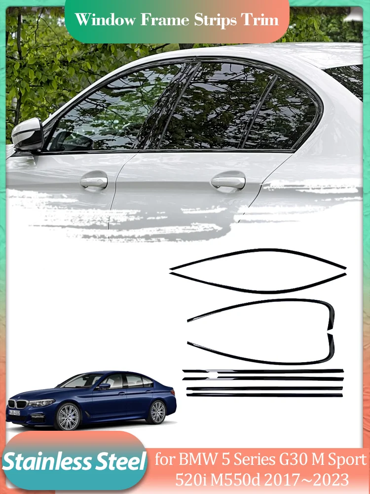 Für BMW 5er G30 M Sport 520i M550d 2017 ~ 2023 Silber Schwarz Edelstahl Autotür Fensterrahmen Fensterbank Zierzubehör