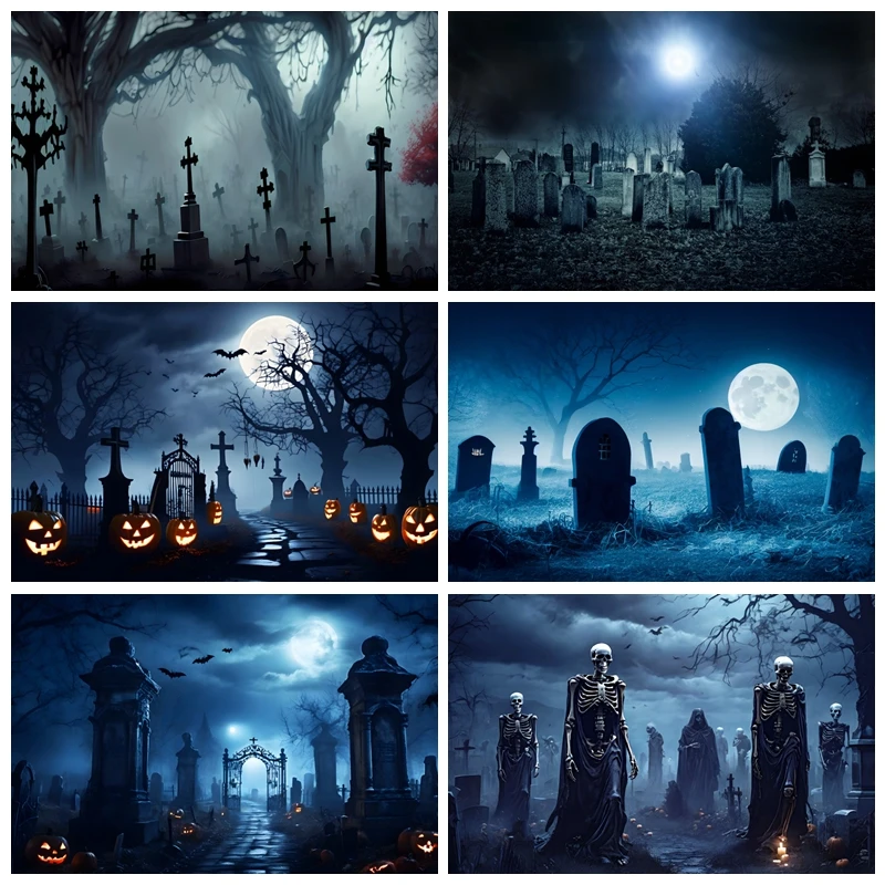 Scary Dark Forest Photography Backdrop Halloween Night Castle Grave Tombstone Pumpkin Skeleton Photo Background Studio Props