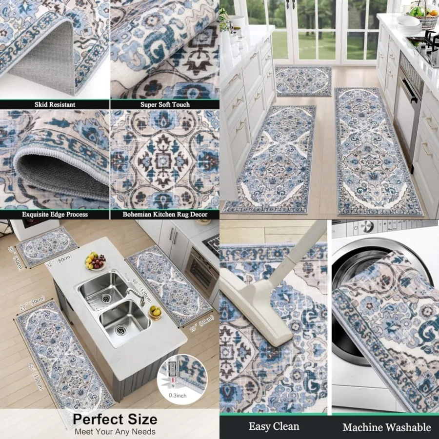 

HEBE Farmhouse Kitchen Rugs Sets of 3 Non Slip Washable Boho Kitchen Rugs and Mats for Floor Kitchen Runner Rug Floor Carpet fo