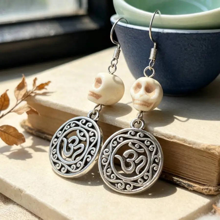OM Symbol Skull Bead Dangle Drop Earrings Silver Hook Gothic Boho Spiritual Vintage Women Handmade Festival Jewelry Gift