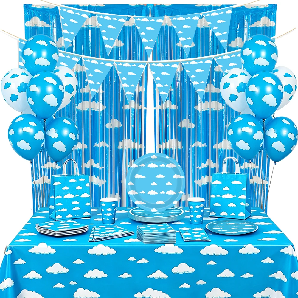 Blauer Himmel und Weiße Wolken Party-Deko Folien-Fransenvorhänge Ballon Einweg-Papiergeschirr Baby-Shower Geburtstagsparty-Dekorationen