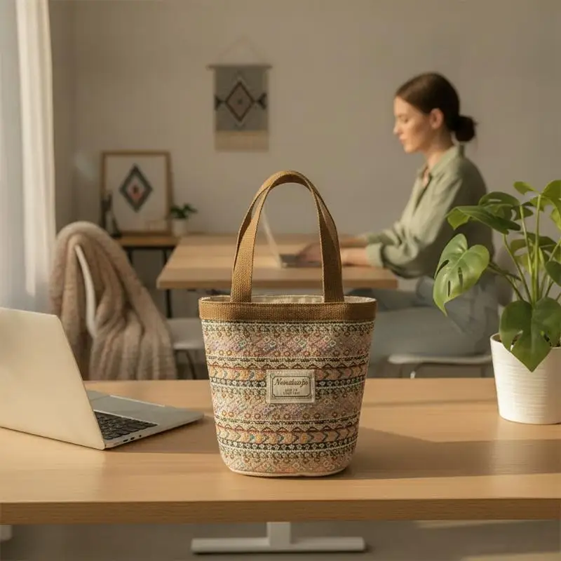 Handmade Woven Basket Bag Rustic Retro Portable Bento Tote Bag for Office Worker Student Picnic Travel Use