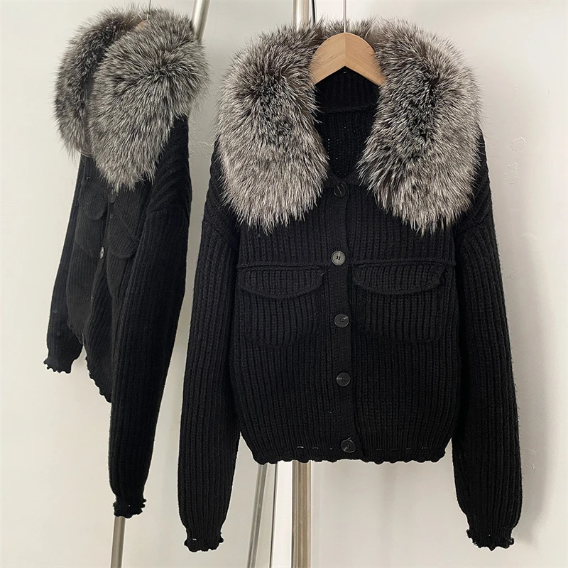 Cardigan tricoté côtelé avec col en vraie fourrure de renard pour femme, veste tricotée simple et décontractée de haute qualité, à la mode, nouvelle collection hiver