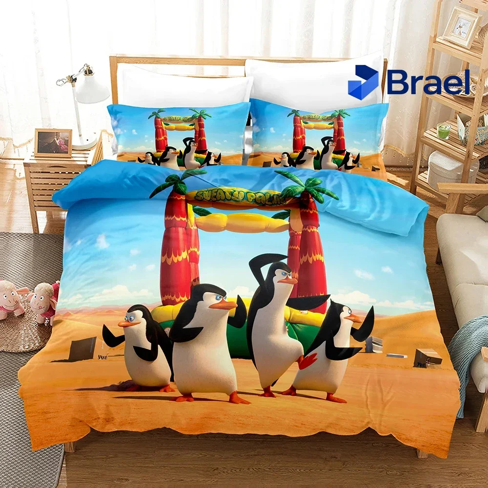 Exquisite Cartoon Penguins Madagascar Bedding Set,Duvet Cover Bed Set Quilt Cover Pillowcase,King Queen Twin Size Boys Girls Adu