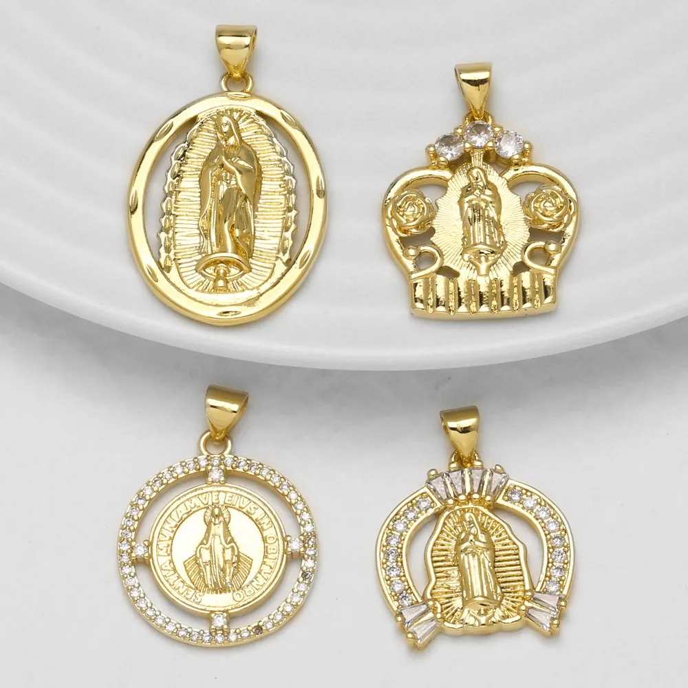 OCESRIO Virgin of Guadalupe Gold Plated Copper White Crystal Catholic Charms for Necklace Jewelry Making Supplies DIY pdtc016