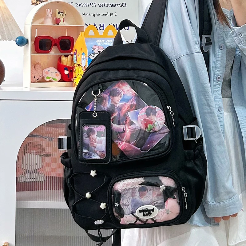 

2026 New Anime Backpack Clear Pocket for Badges Lace Star Detail Large Capacity Casual Student Fan Fashion Backpack for Women