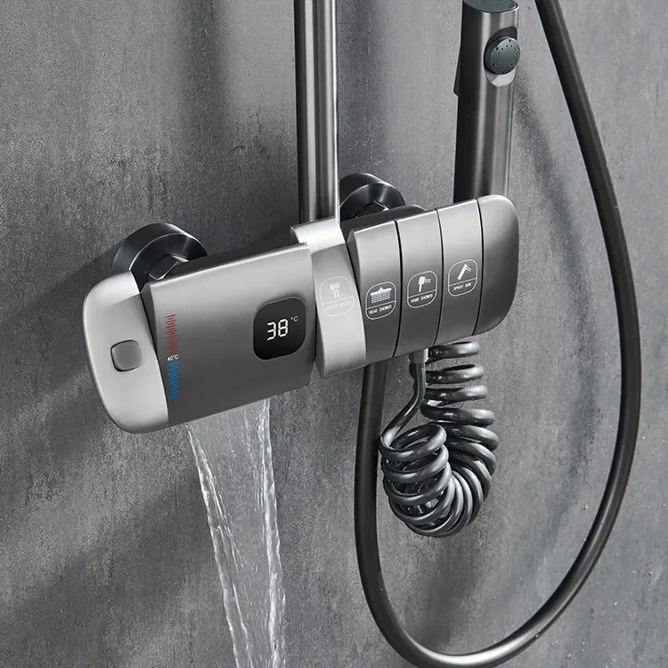 Ensemble de douche thermostatique Intelligent entièrement en laiton, affichage numérique LED, système de robinetterie de bain-douche à pluie pour SPA noir, 2023
