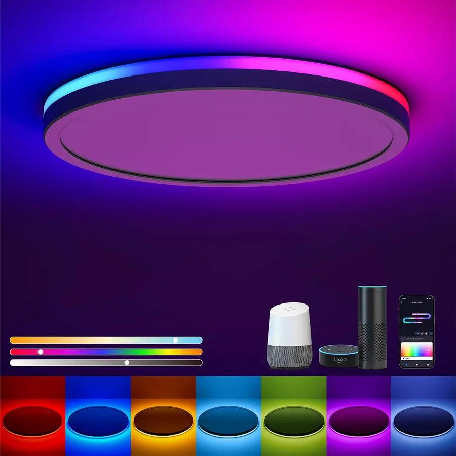 Smart LED Ceiling Light WiFi, 12IN RGB Flush Mount Light Fixture, DIY Colors, Compatible with Alexa Google Home, 3000K6500K Ceil