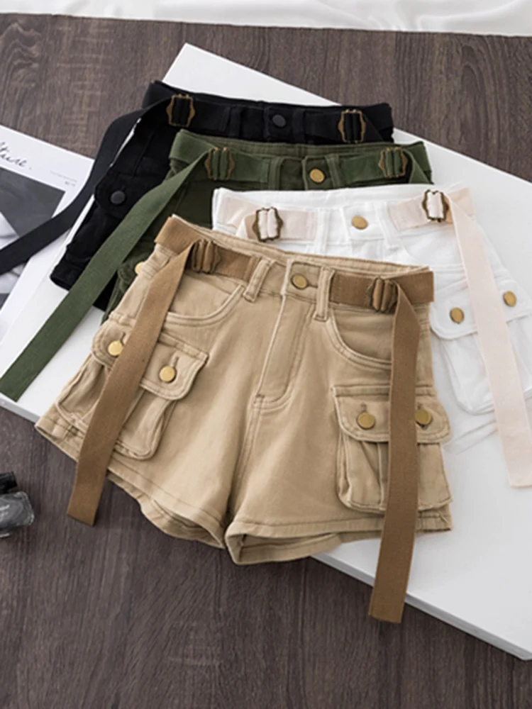 

Zoki Hip Hop Y2K Denim Cargo Shorts Women Harajuku Streetwear Retro Shorts High Waist Casual Pockets Korean Solid Cargo Shorts