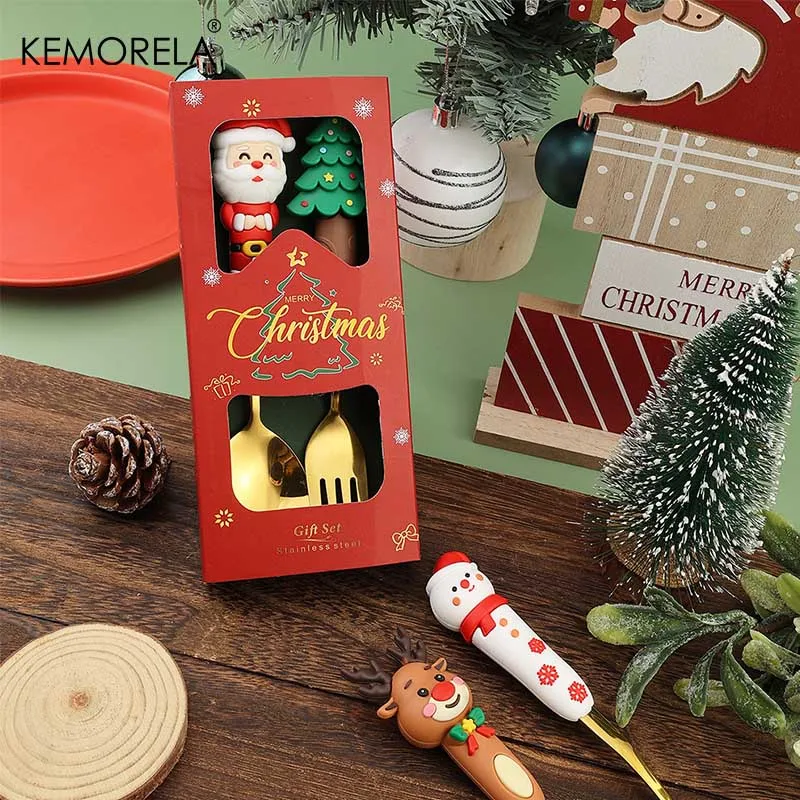

Рождественский набор посуды из нержавеющей стали, 2 шт., кукла Санта-Лось, десертная ложка, фруктовая вилка, сервировочная посуда для торта, праздничные подарки